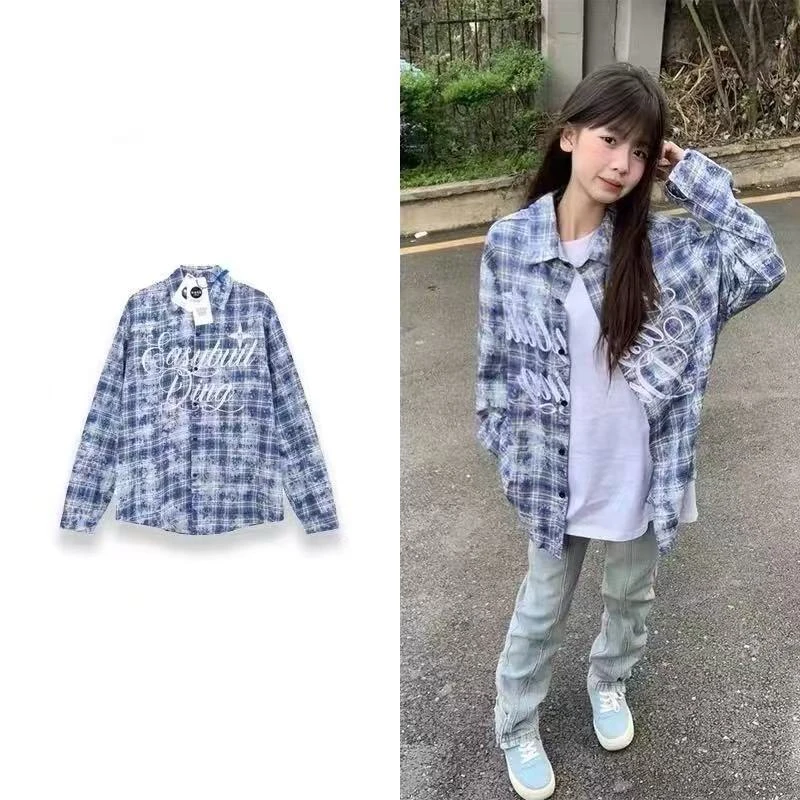 国潮牌美式高街字母刺绣格子衬衫女春秋款设计感小众蓝色上衣外套