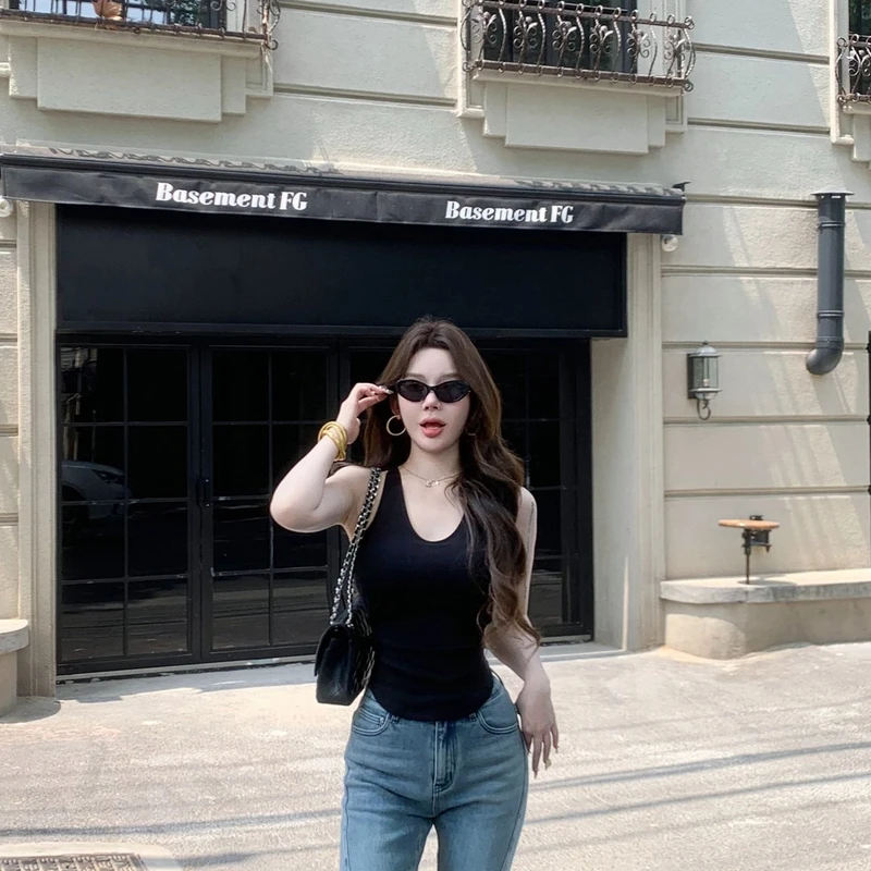 媛媛【不是飞机场】夏款工字辣妹显瘦弹力背心吊带#D0867