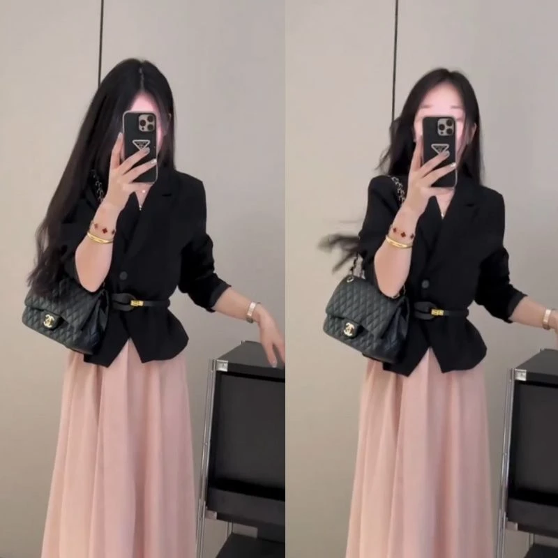 网红爆款高级清新短款西服外套小众叠穿显瘦半身裙两件套装春秋款
