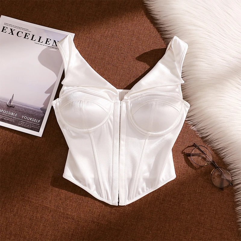 辣妹缎面鱼骨吊带背心女夏外穿性感美背修身显瘦排扣收腰抹胸上衣