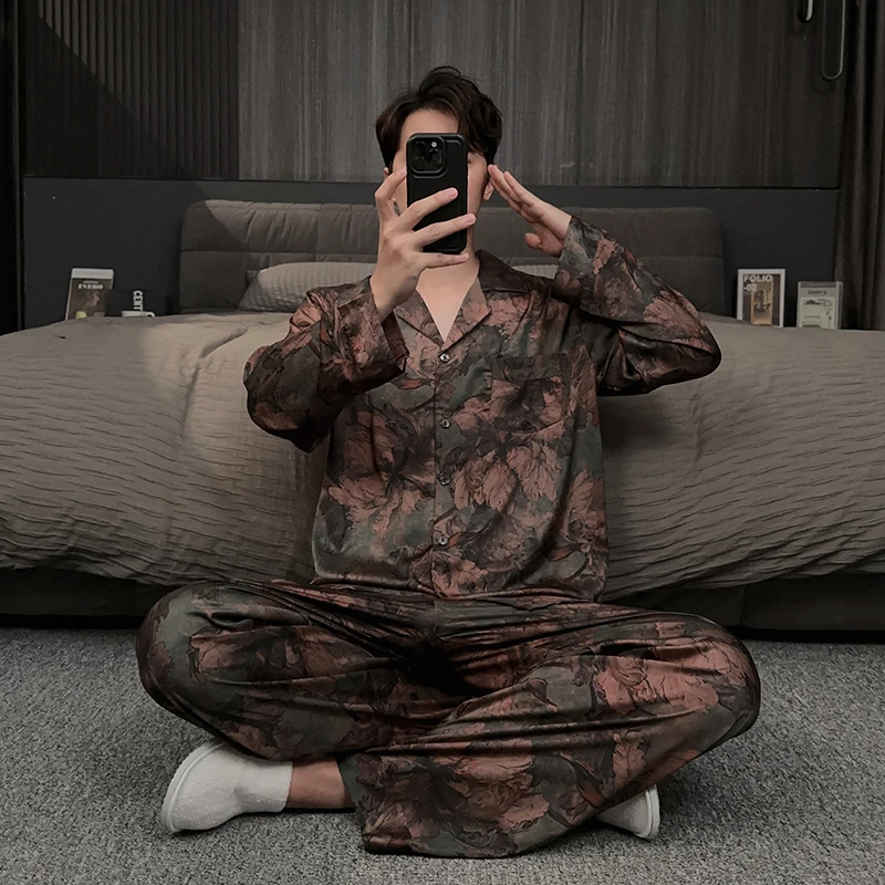 「花漾之夜」高端冰丝男睡衣春秋款轻奢国风高级感家居服夏季套装