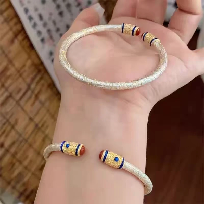 足银手镯 足银999古法吉言描金银手镯女时尚百搭纯银镯子