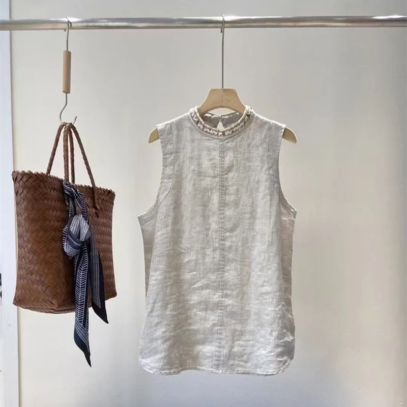 100A字型圆领汉麻无袖元宝领上衣2025夏季慵懒风清冷系禅意衣服女