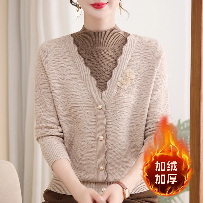 休闲风半高领中老年女装毛衣洋气时尚显瘦打底针织衫保暖假两件