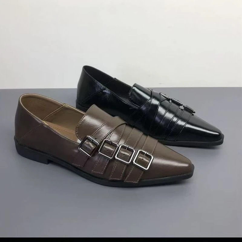 2025新款尖头女时尚休闲皮带扣舒适女鞋单鞋春夏5F3-4634