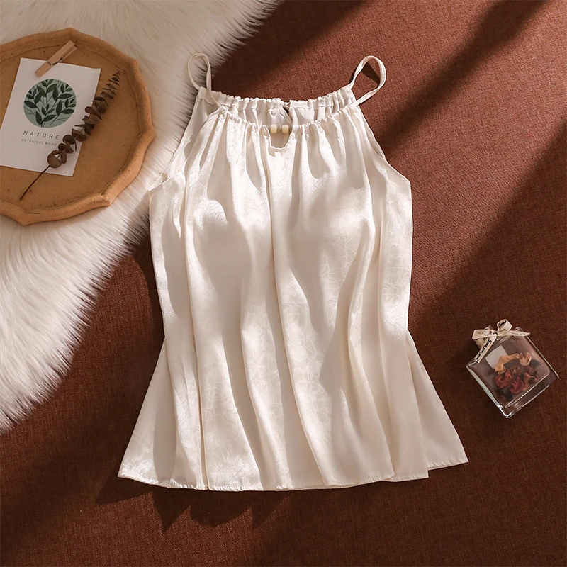 法式复古挂脖缎面吊带背心女夏季外穿高级感宽松显瘦美背无袖上衣