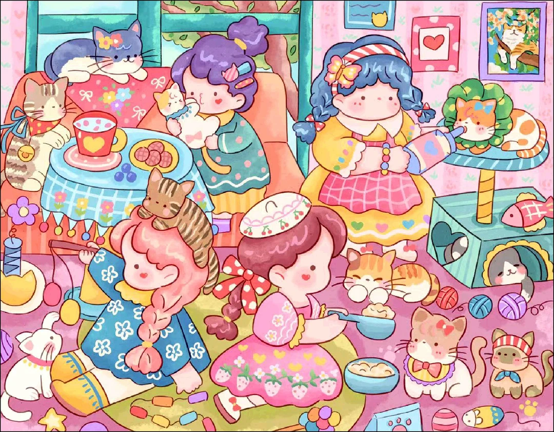 新疆长绒棉布，萌宠猫咖100*80大格十字绣（精准印花）