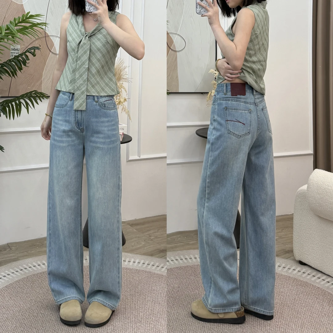 夏季薄款宽松阔腿牛仔裤女2025新款显瘦时尚休闲百搭刺绣直筒裤