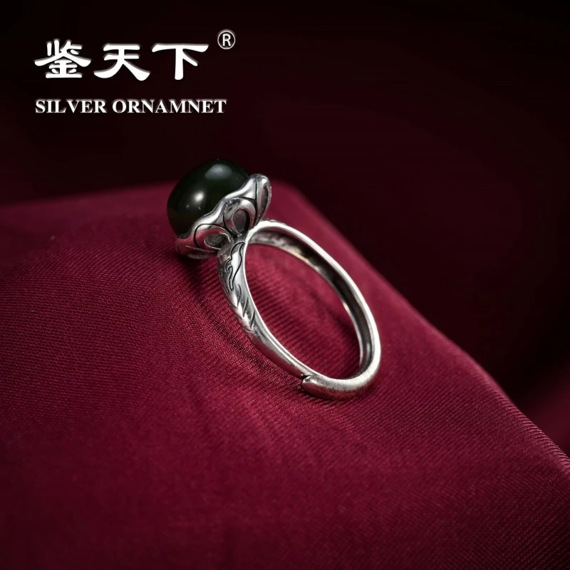 复古和田玉莲花蛋面戒指08200367