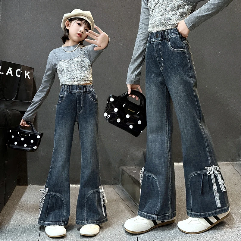 女童裤子秋2025新款儿童秋季弹力牛仔喇叭裤女孩大童微喇裤初中生
