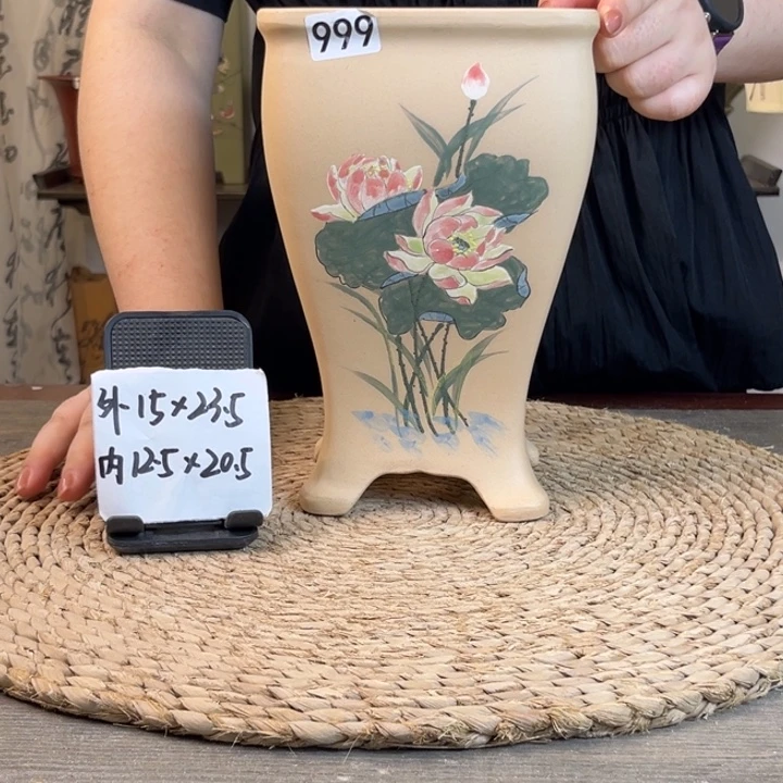 花盆紫砂  白玉段荷花手绘美人鱼四方999