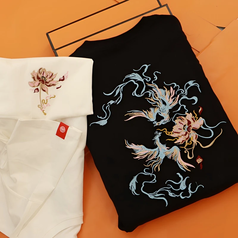 T223欧货青年圆领凤凰刺绣短袖T恤男2024夏季新款宽松潮流半袖男