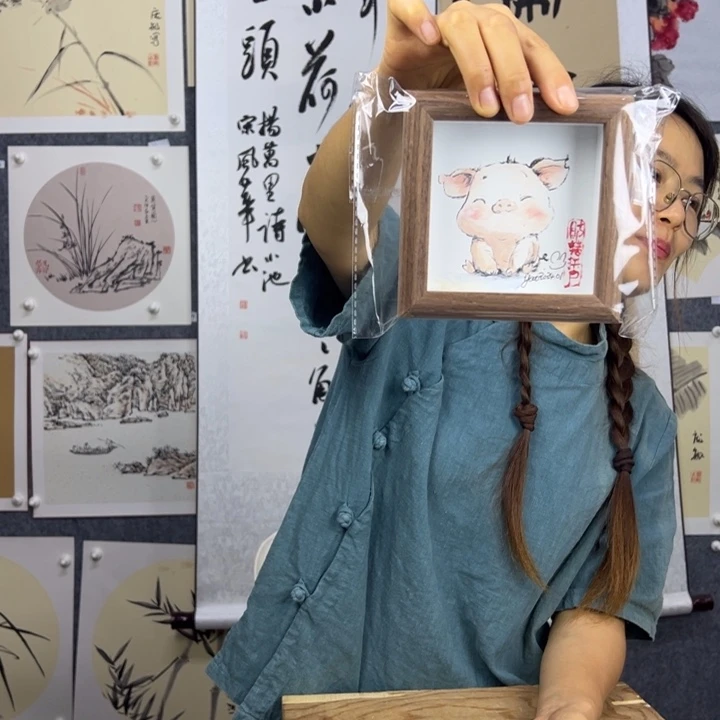 丙烯画手绘带框财猪满户
