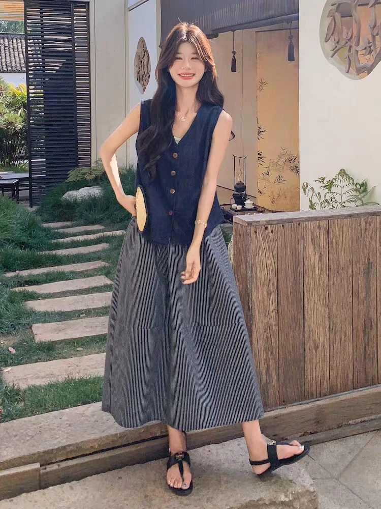 (牛仔时尚套装)女2025夏新款无袖马甲条纹半身长裙两件套TZ7141#