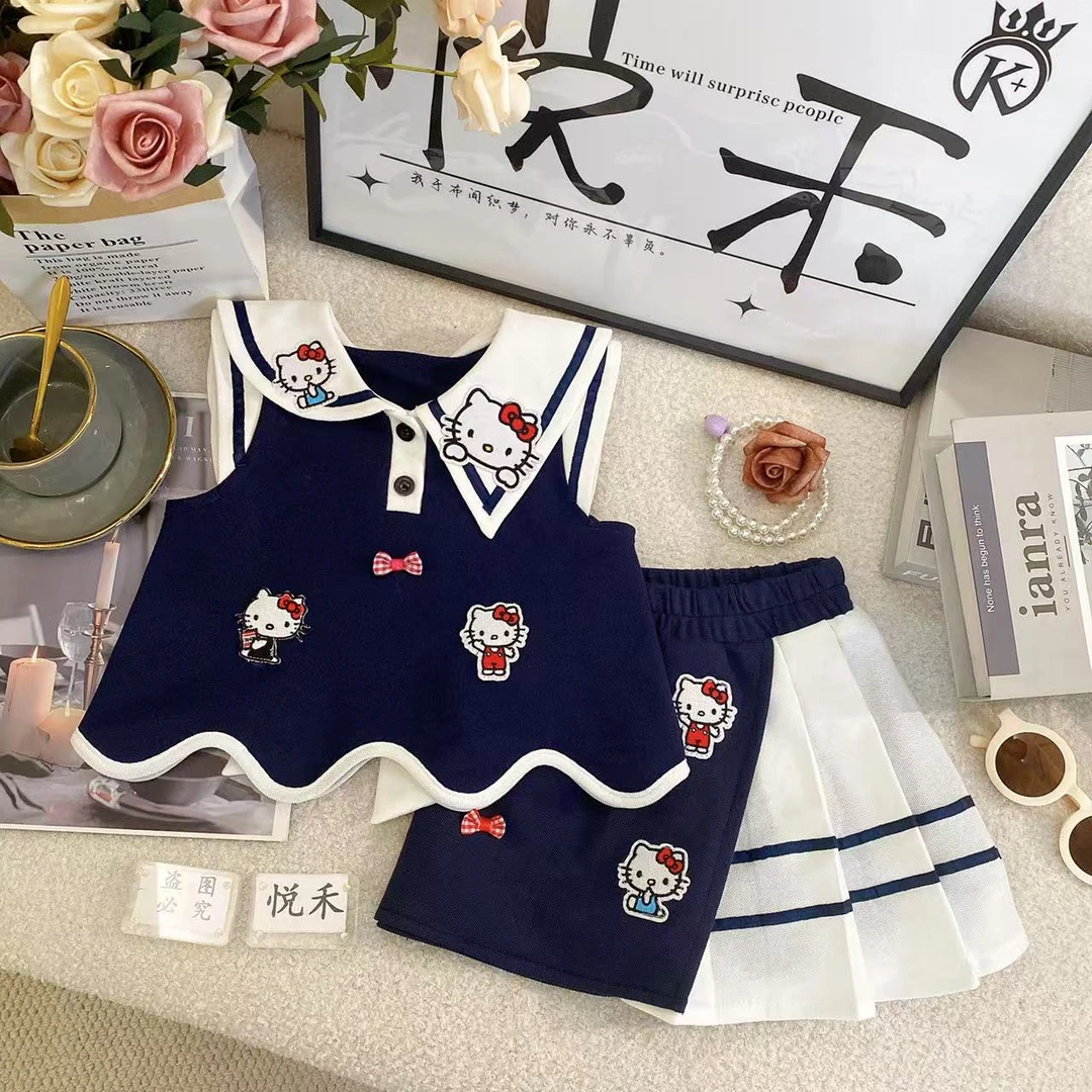 YH新款夏季女童时尚休闲女宝蓝色卷边韩版学院风高级套装80457