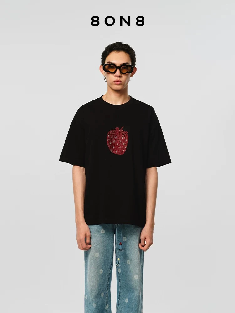 8ON8白色烫钻草莓新款纯棉短袖T恤夏季圆领服装黑色宽松半袖上衣