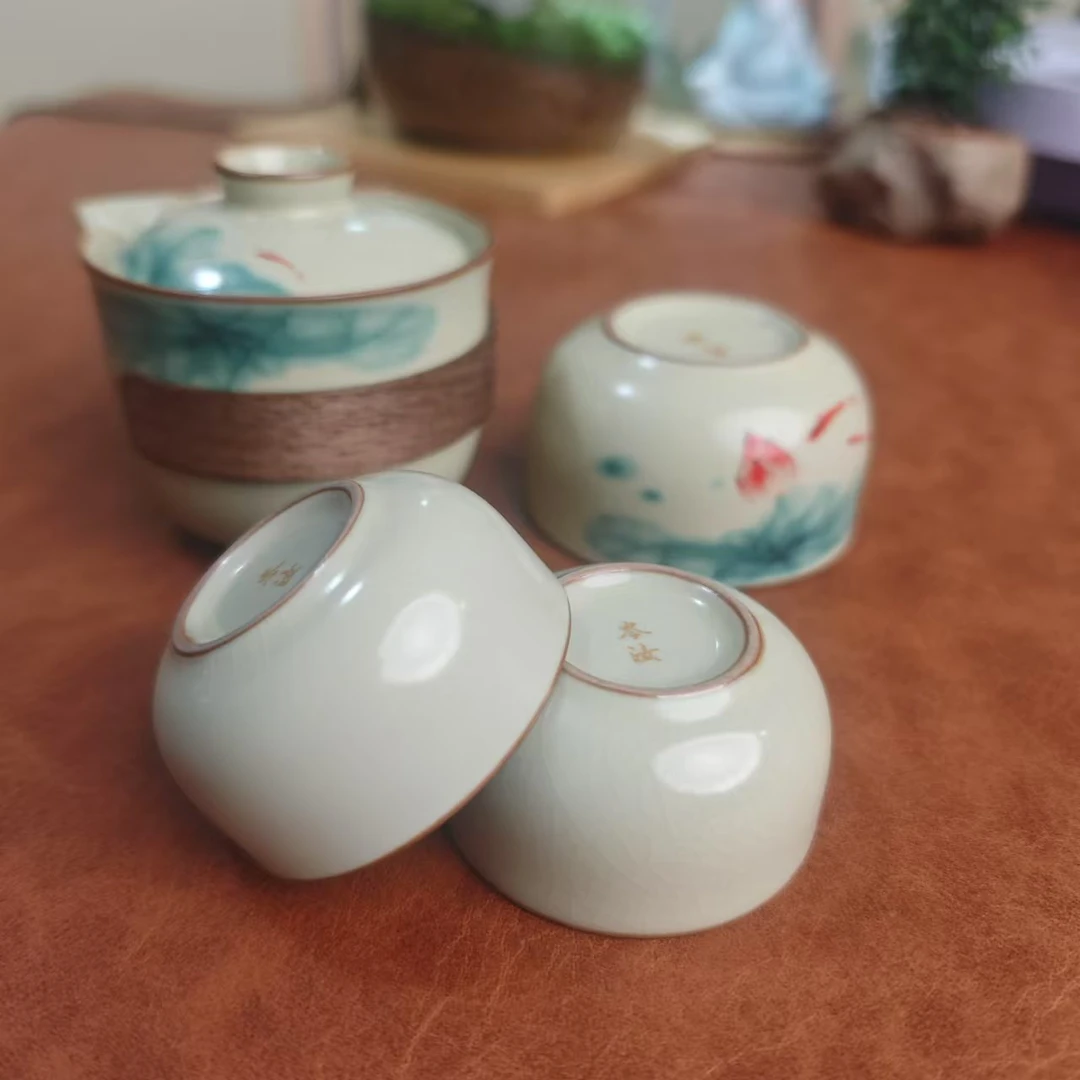 A075鱼戏荷莲一壶三杯带防烫手柄随身携带家用户外旅游茶具清新