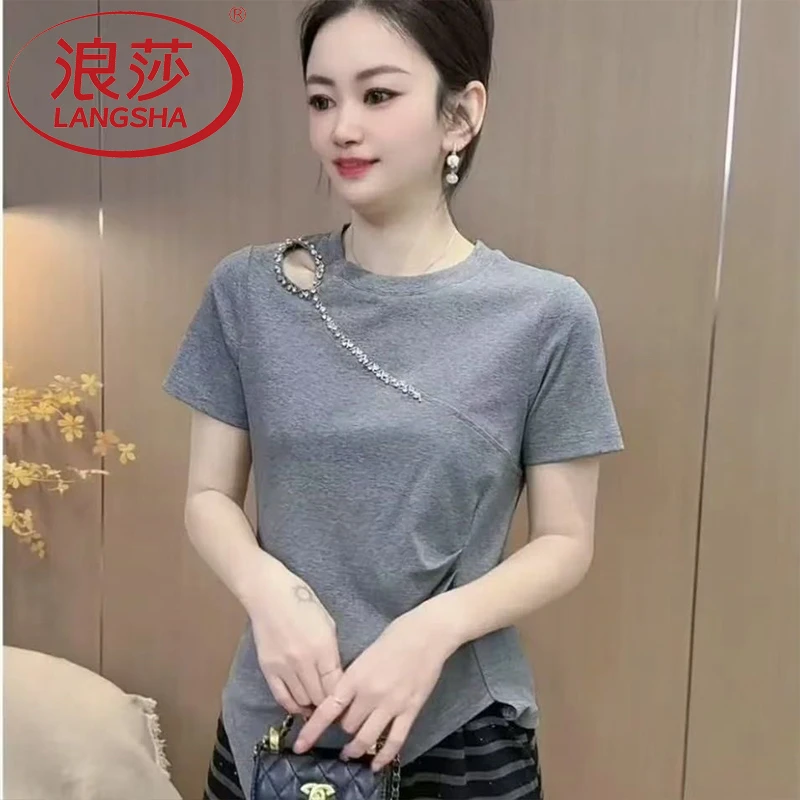 浪莎气质新款烫钻T恤镂空短袖t恤女士2025夏季高档褶皱收早秋上衣