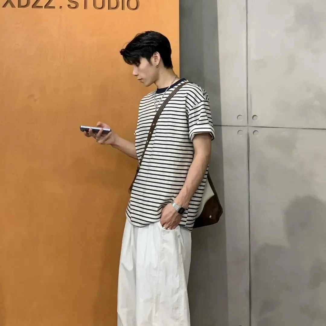 美式复古cleanfit短袖男夏季重磅正肩条纹t恤轻奢高级感五分半袖