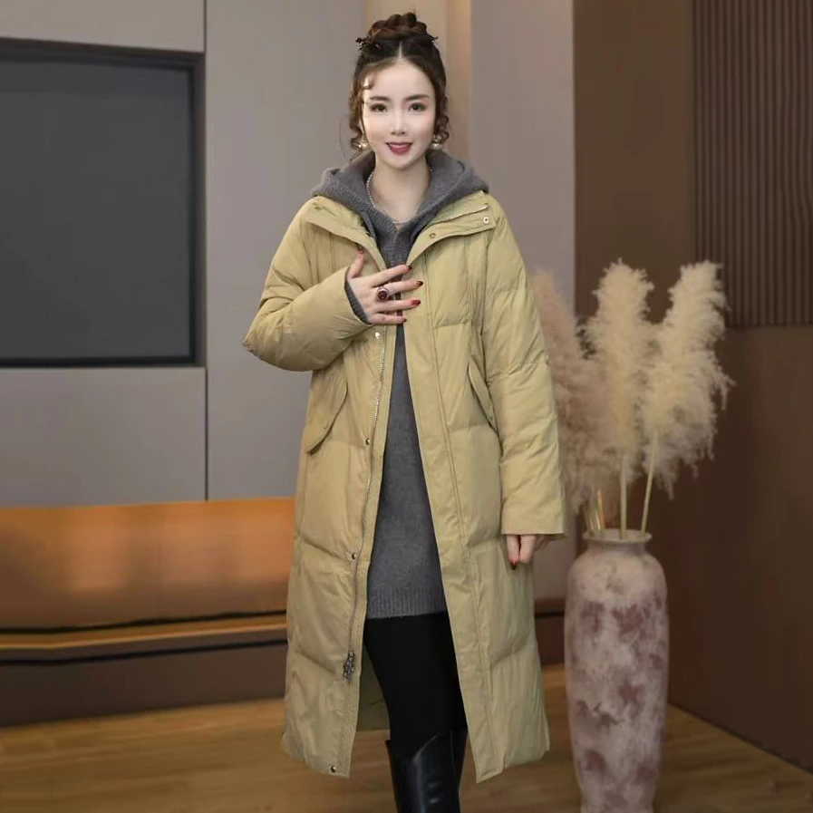 A-3369复古纯色立领纽扣大口袋长款外套女冬季羽绒服