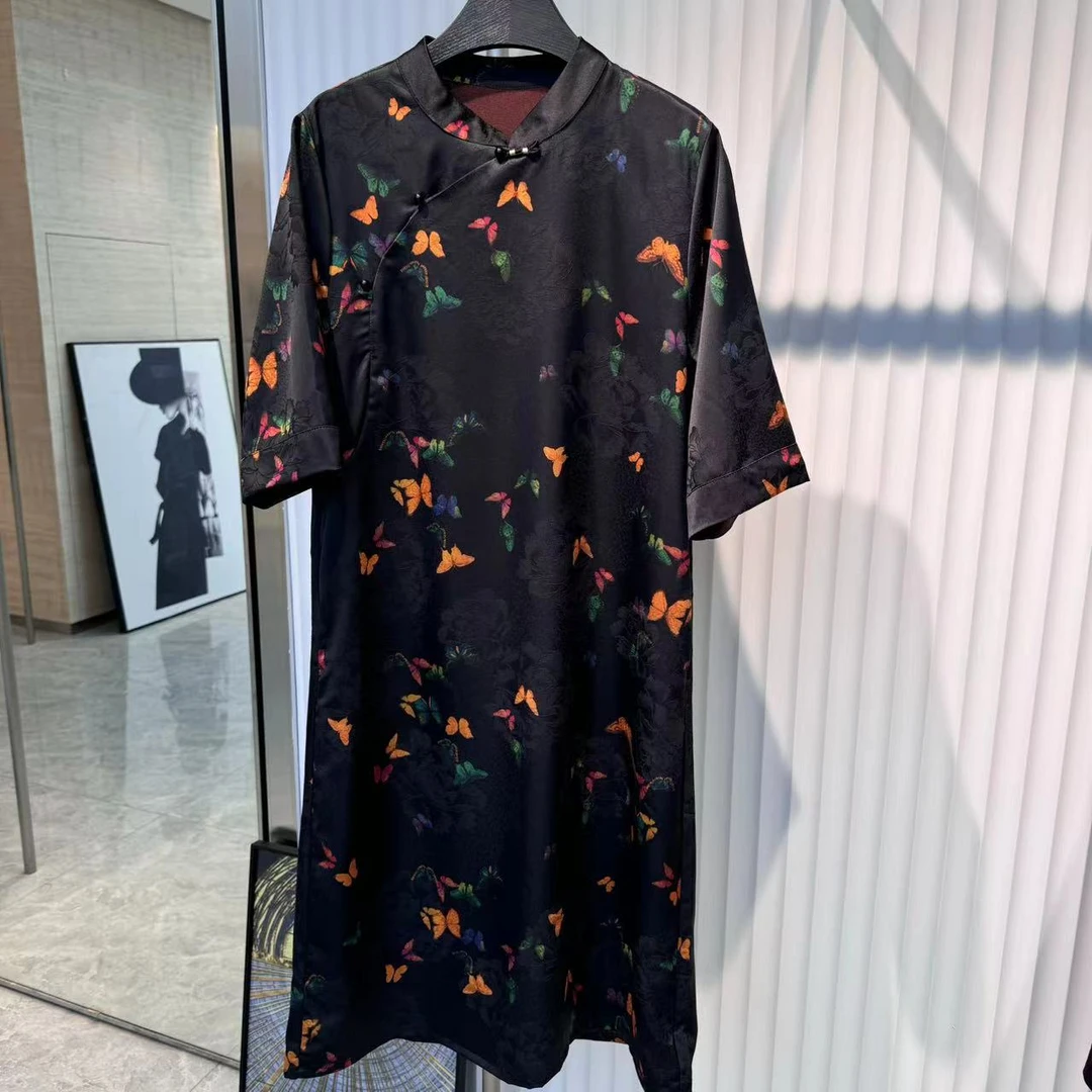 新中式国风盘扣蝴蝶提花显瘦绸缎连衣裙FY483101