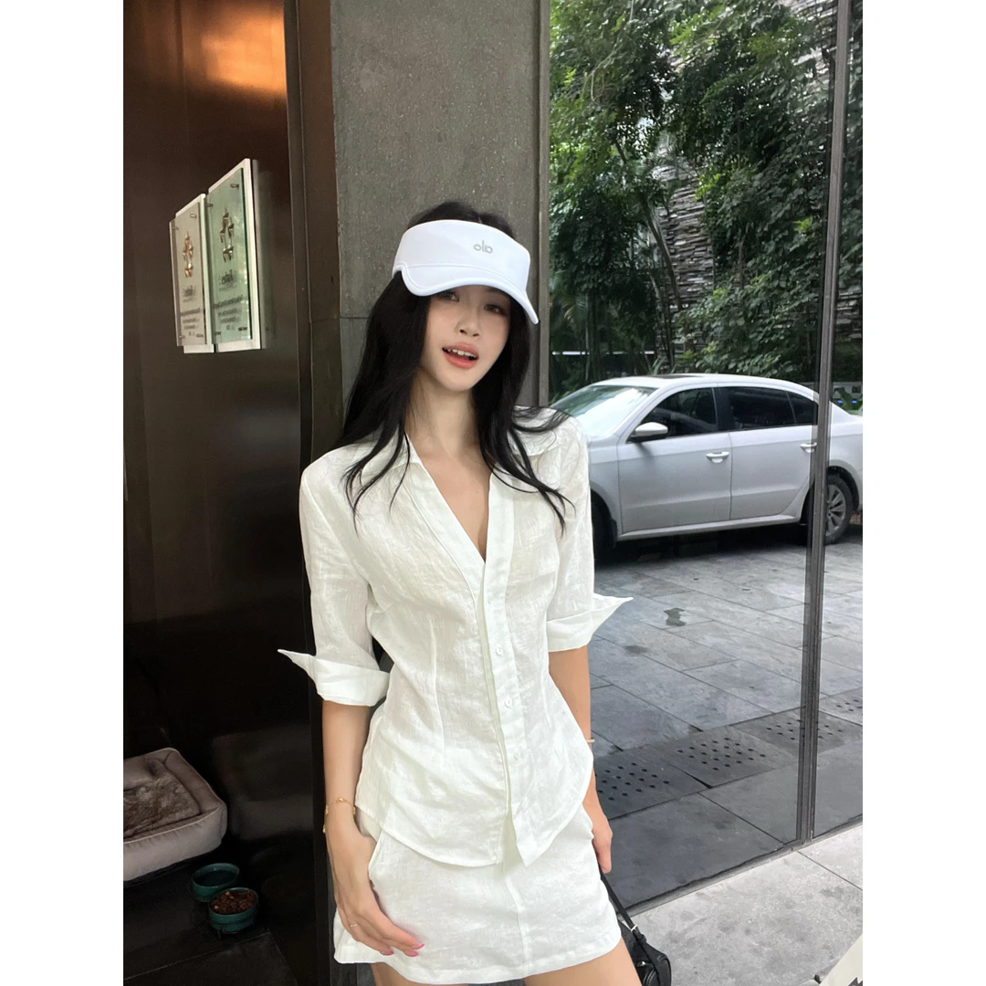 轻职风智性氧气感亚麻衬衫上衣+高腰短裙气质休闲时尚轻熟套装潮