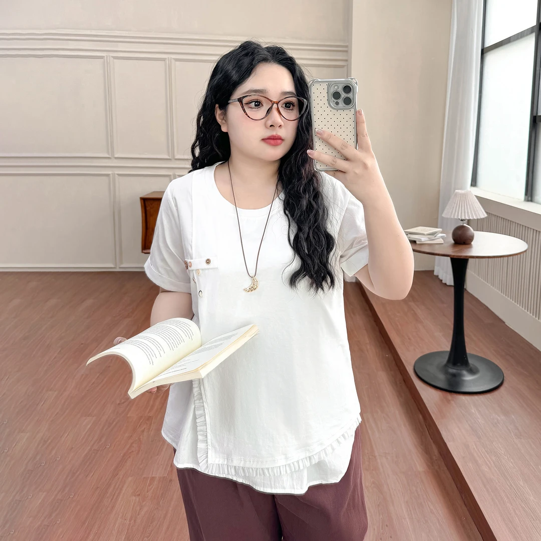 DX7741-1大码女装【松弛感街头T】假两件拼接纽扣花边设计感短袖T恤