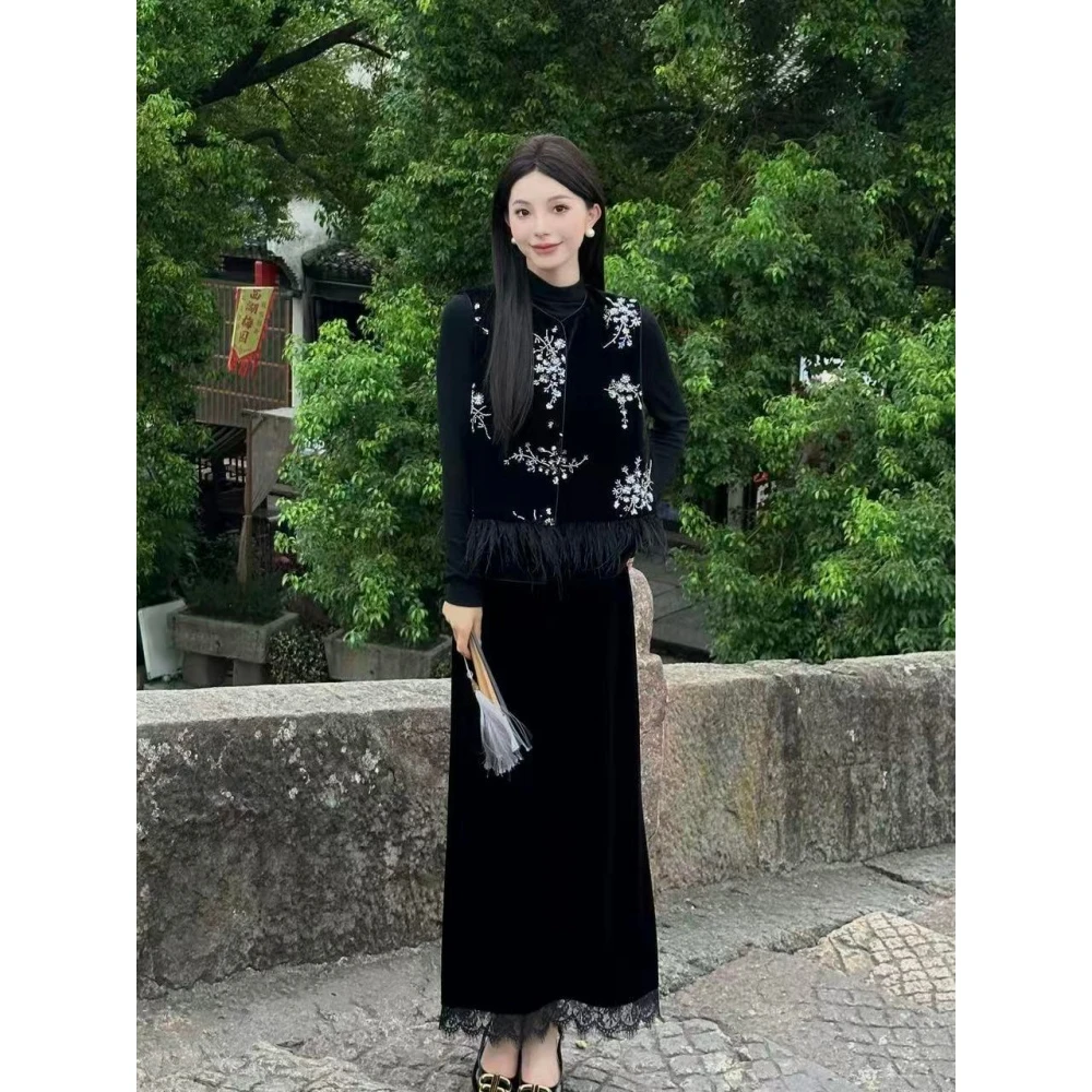 新中式国风套装女流苏马甲长袖上衣巨好看的早秋套装新款半身裙潮