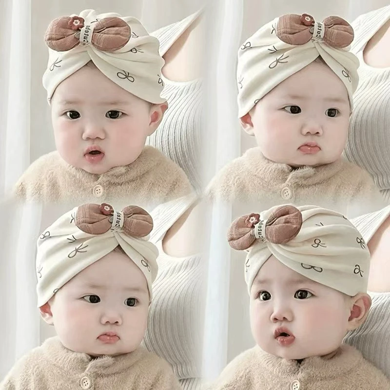 新生儿秋冬蝴蝶结套头帽0-6月婴幼儿护囟门胎帽包头帽磨毛印度帽
