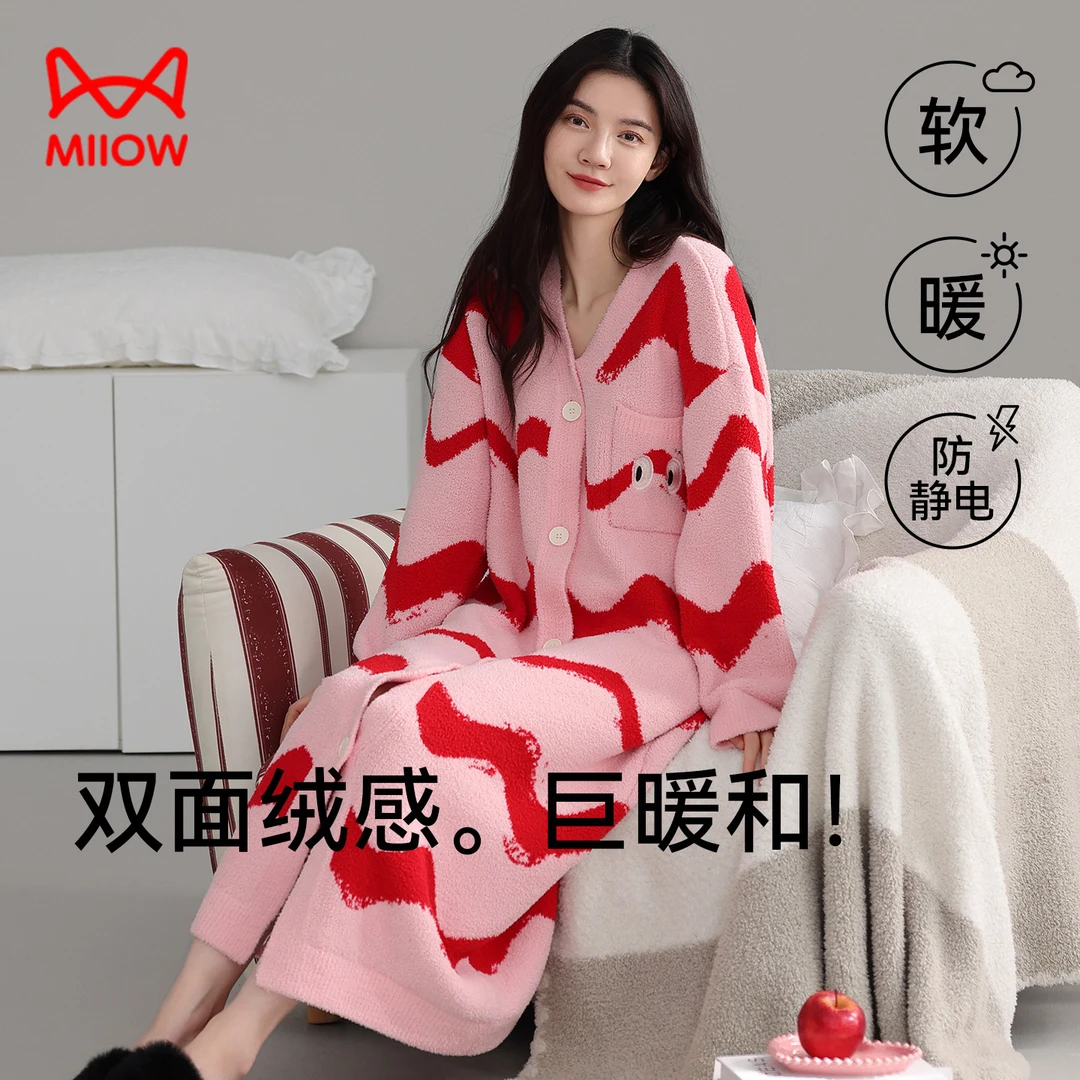 猫人半边绒睡裙女冬季长袖睡衣开衫V领加绒加厚高颜值外穿家居服