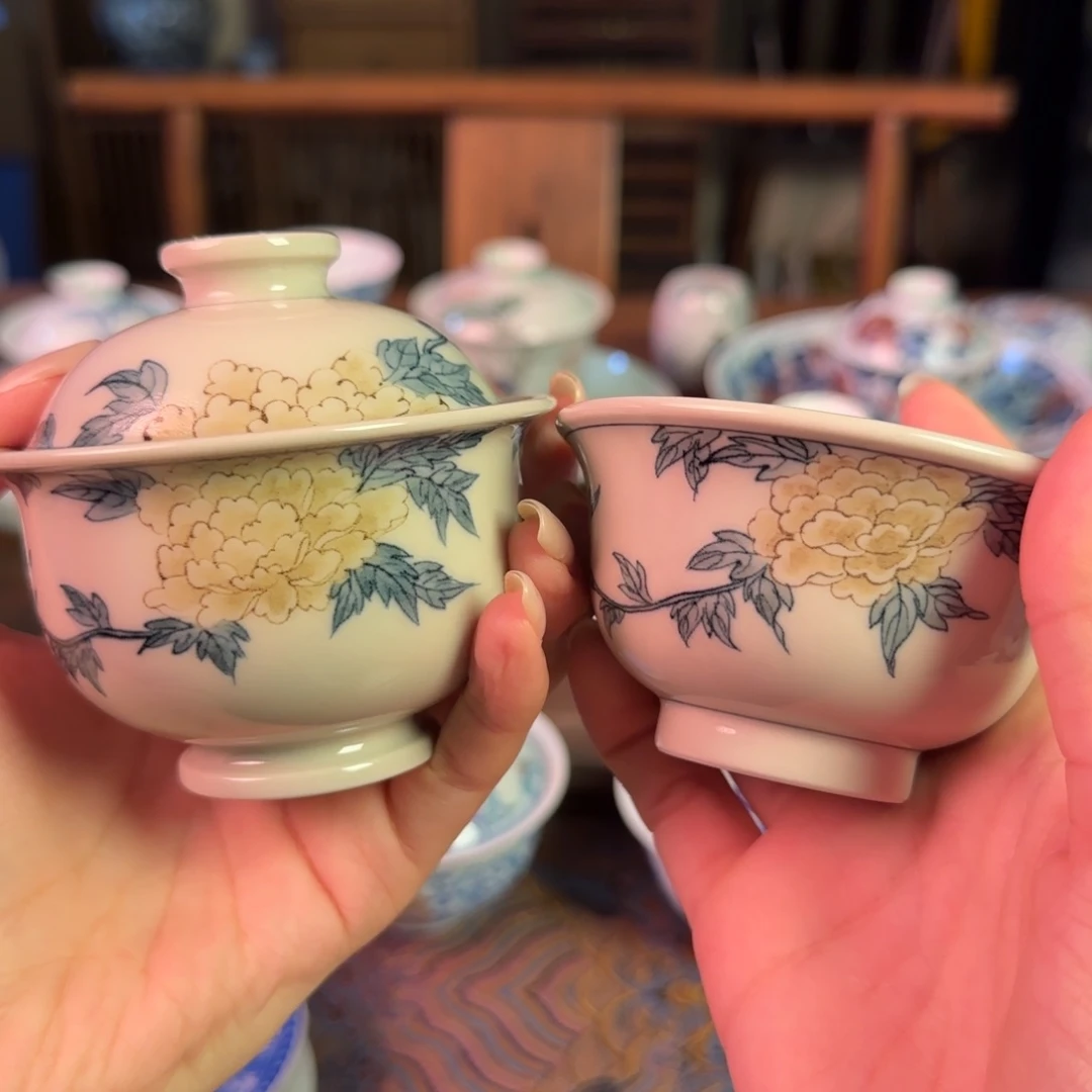 重工釉里金花卉两件套纯手绘
