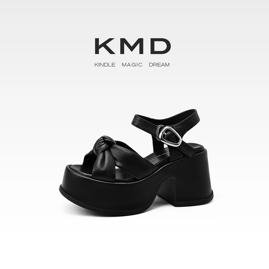 KMDSHOES2025夏时尚季新款防水台露趾凉鞋女款真皮一字带粗跟女鞋