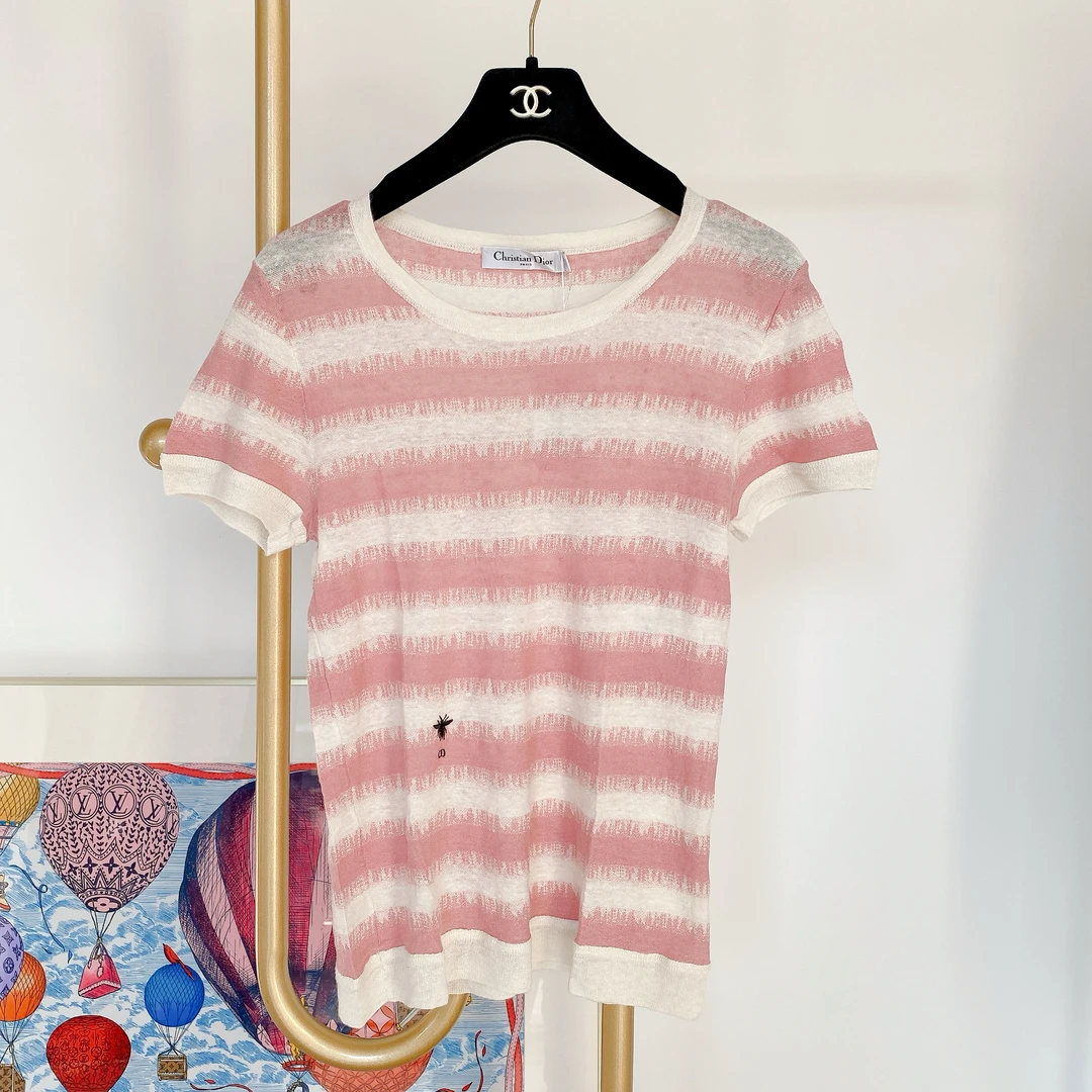95新 DIOR/迪奥 【Christian Dior】#迪奥 粉色条纹针织半袖