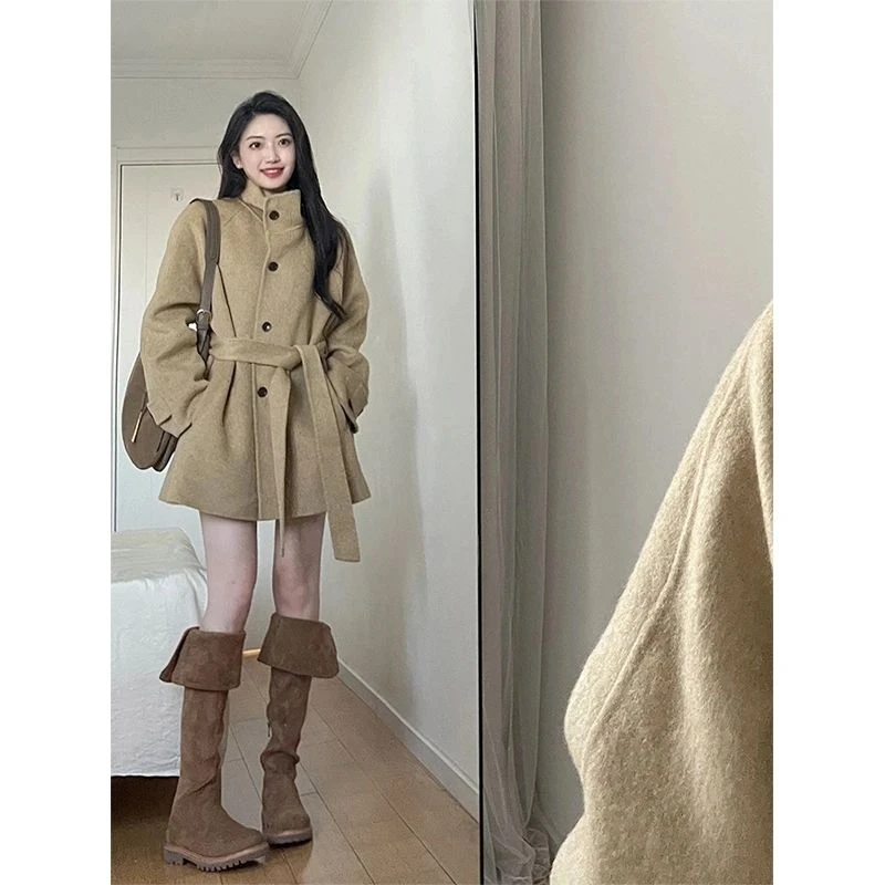 韩版宽松立领毛呢大衣女2025秋冬新款中长款卡其色系带毛呢大衣
