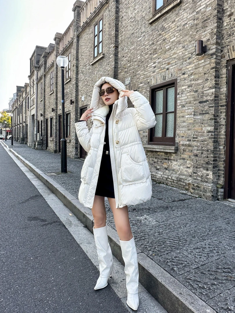 【琪的style】 885920-拉链长款时尚冬季白色毛领女短款中长款