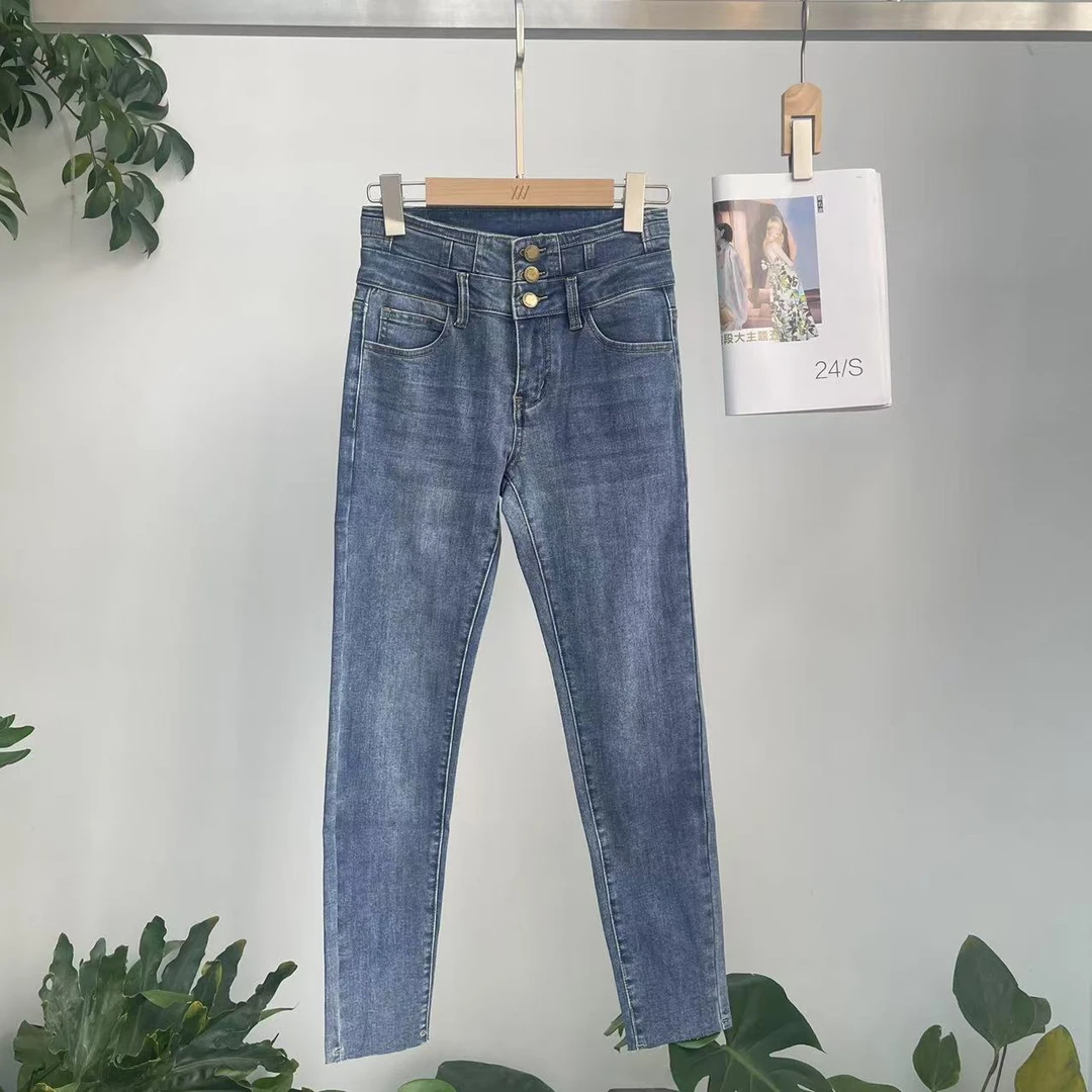 牛仔裤高腰直筒时尚休闲百搭修身显瘦小脚弹力水洗【635371】