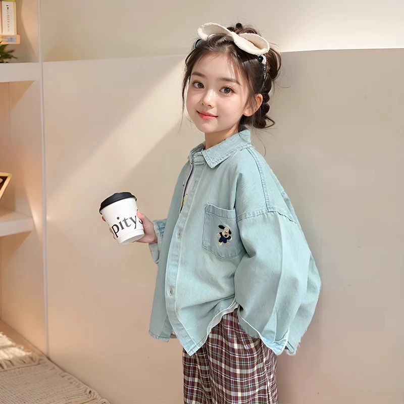 女童衬衫2025新款洋气秋装儿童秋季长袖上衣女孩春秋衬衣牛仔外套