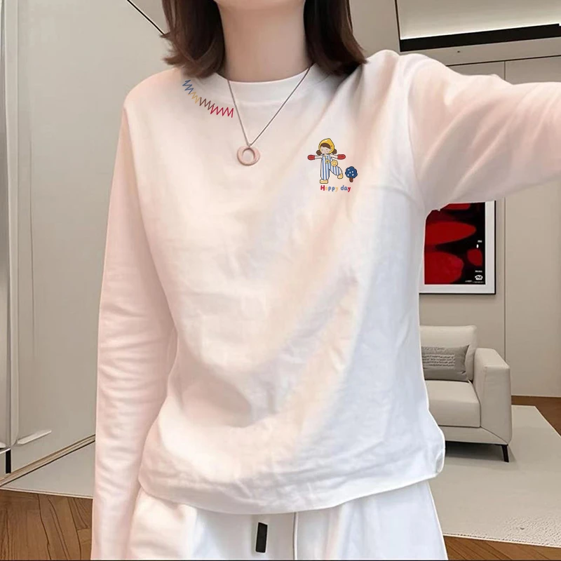 2025新款秋季宽松圆领白色长袖T恤女装休闲高级感别致打底衫上衣