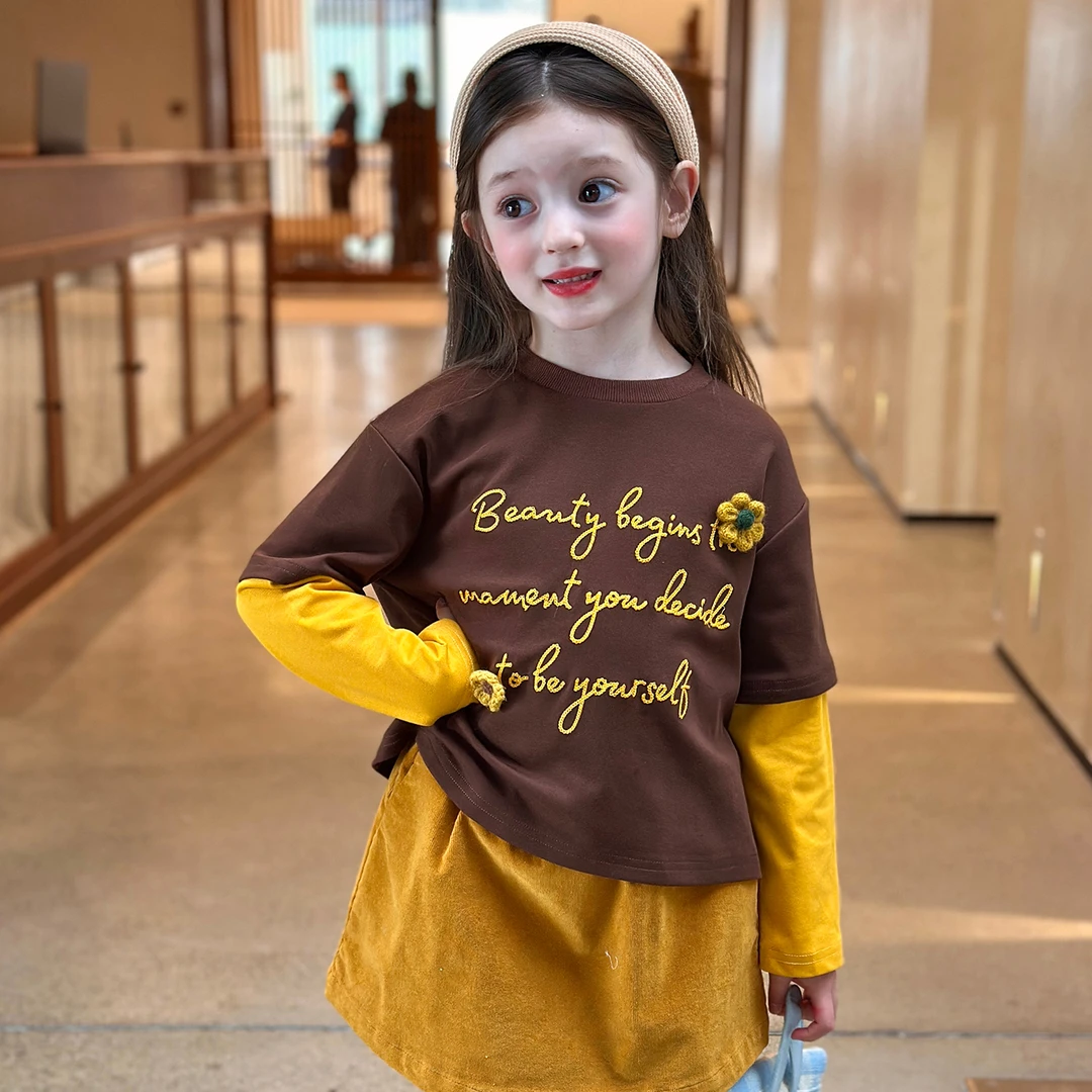 【大清仓】童装女童假两件刺绣上衣2025秋季新款儿童宽松长袖T恤