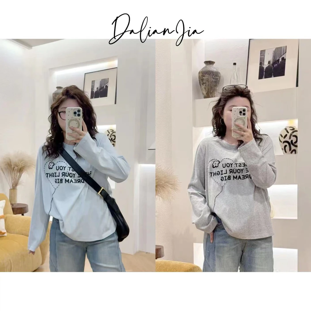 晶咕佳佳【爱意蔓延】字母印花宽松上衣春款长袖时尚休闲百搭圆领