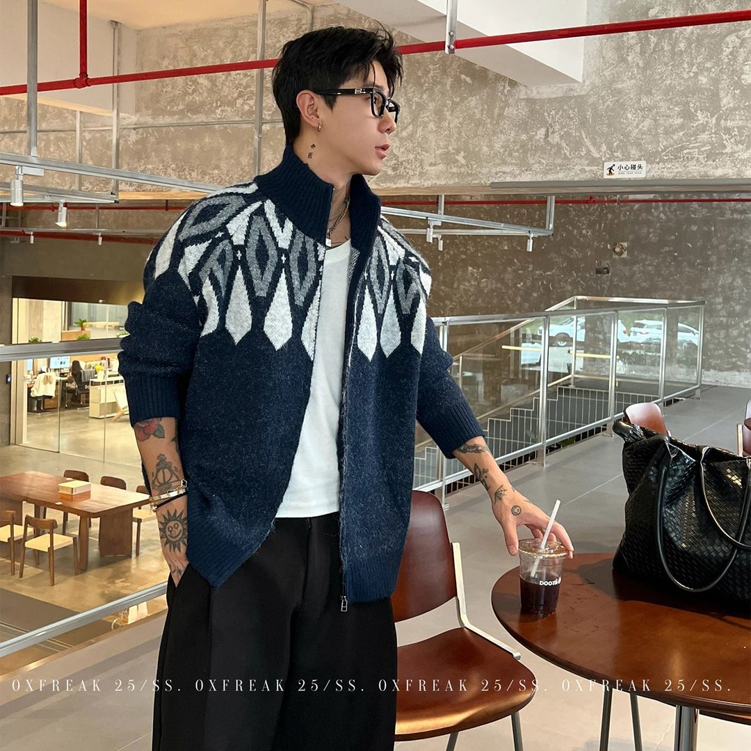 OXFREAK「几何菱格提花」羊毛混纺开衫毛衣男秋冬加厚保暖针织衫