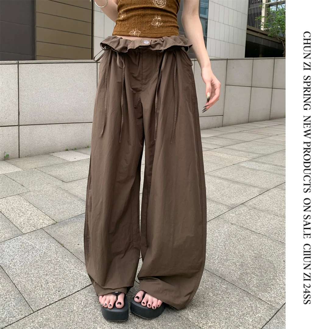 【CHUN ZI】24春夏 腰部系带松紧腰飘逸感超宽松弯刀长裤