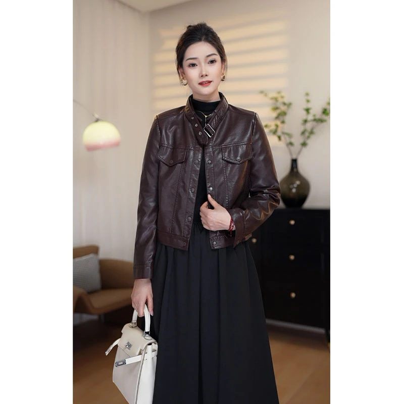 2025新款百搭显瘦时尚春秋皮衣气质春季宽松法式风立领短款皮衣