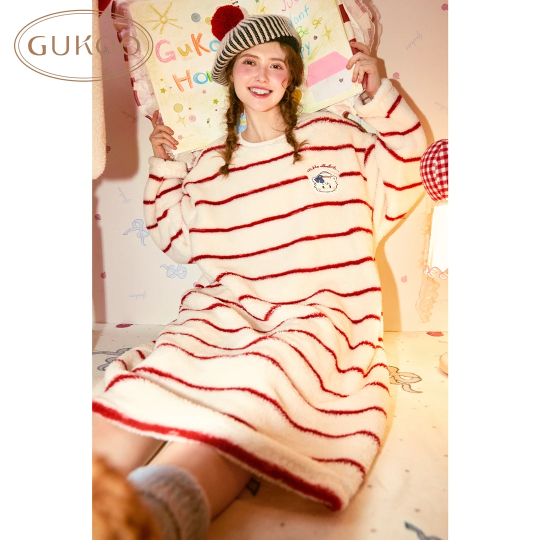 Gukoo/果壳mikko毛绒睡裙条纹可外穿女家居服睡衣冬季舒适保暖