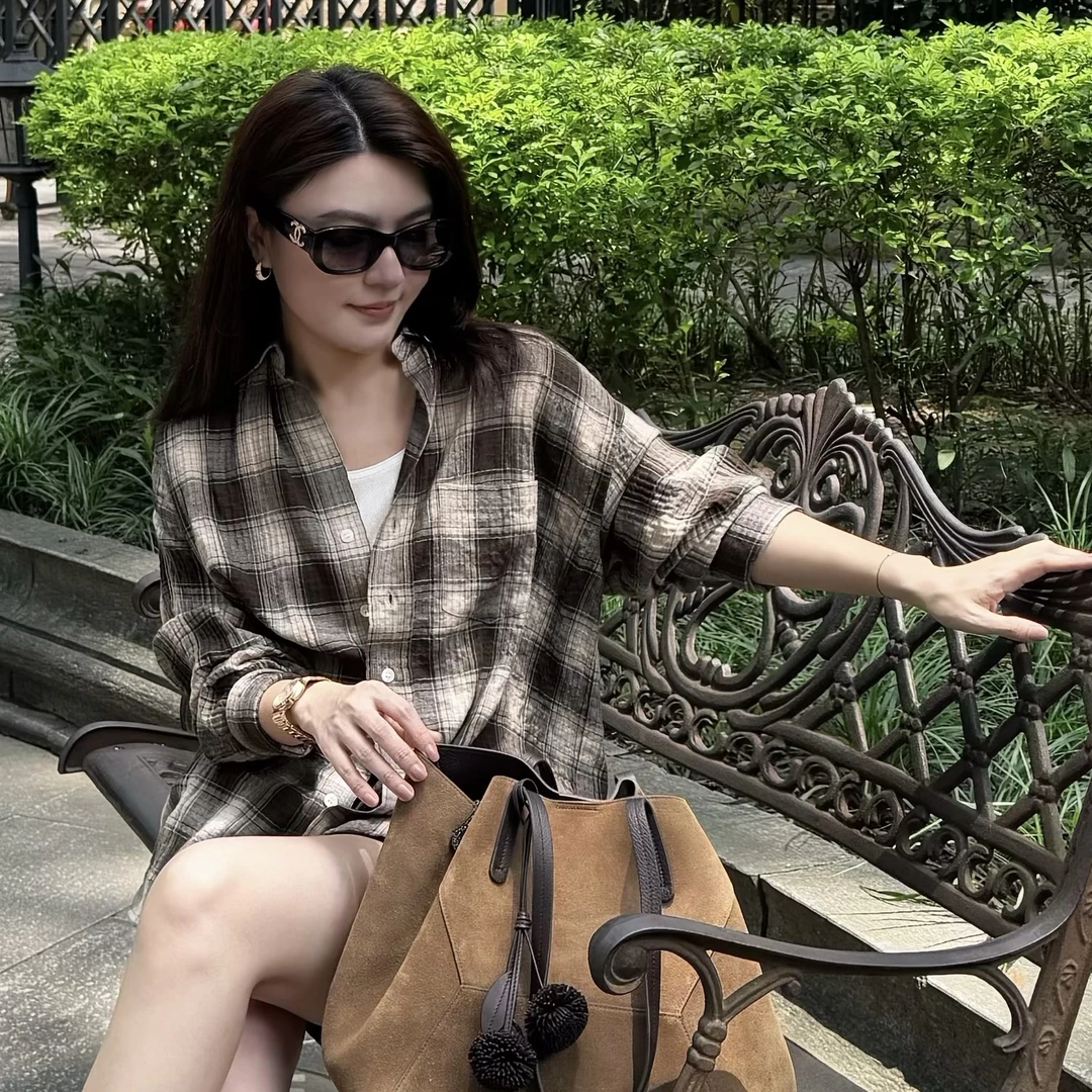 曼辰manchenh"偶遇西雅图"进口面料木棉羊毛色织格子褶皱衬衫