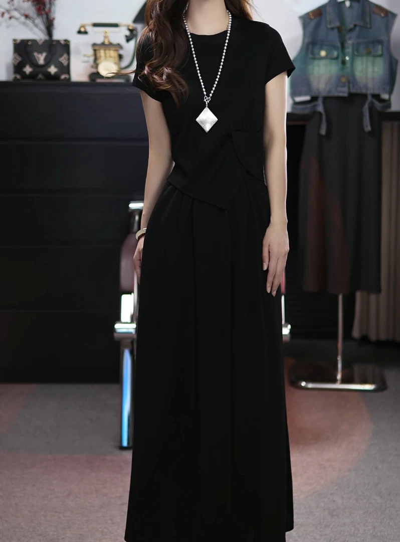 韩系设计感侧边开衩褶皱T恤半身长裙两件套女夏休闲显瘦气质