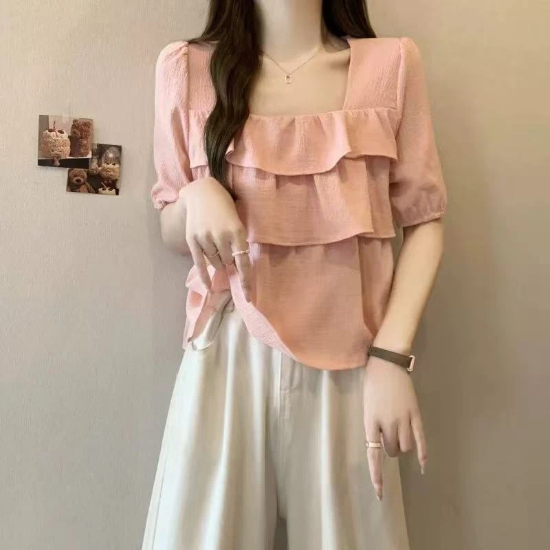 0014-法式方领荷d叶边短袖衬衫女夏季新款大码胖mm显瘦*484