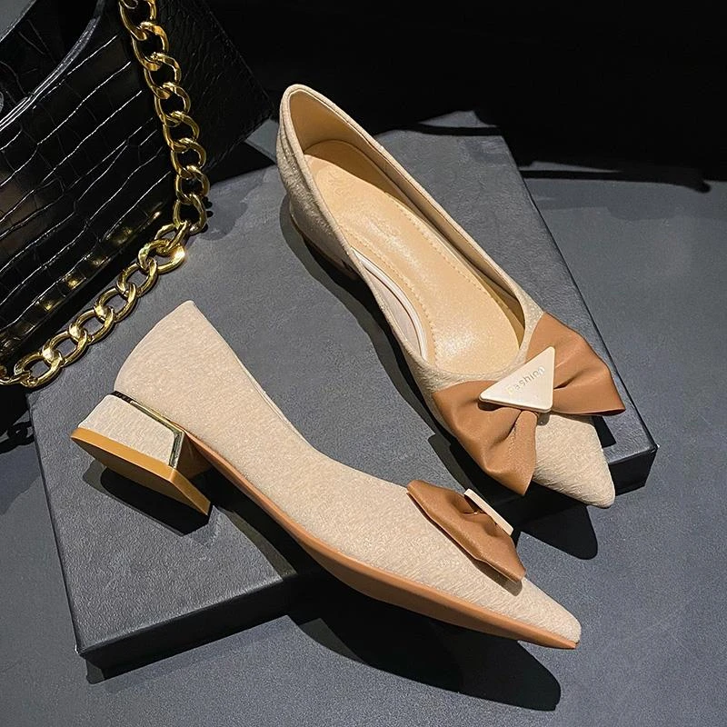 粗跟中跟法式尖头浅口瓢鞋低跟软底单鞋夏季气质时尚百搭大码女鞋