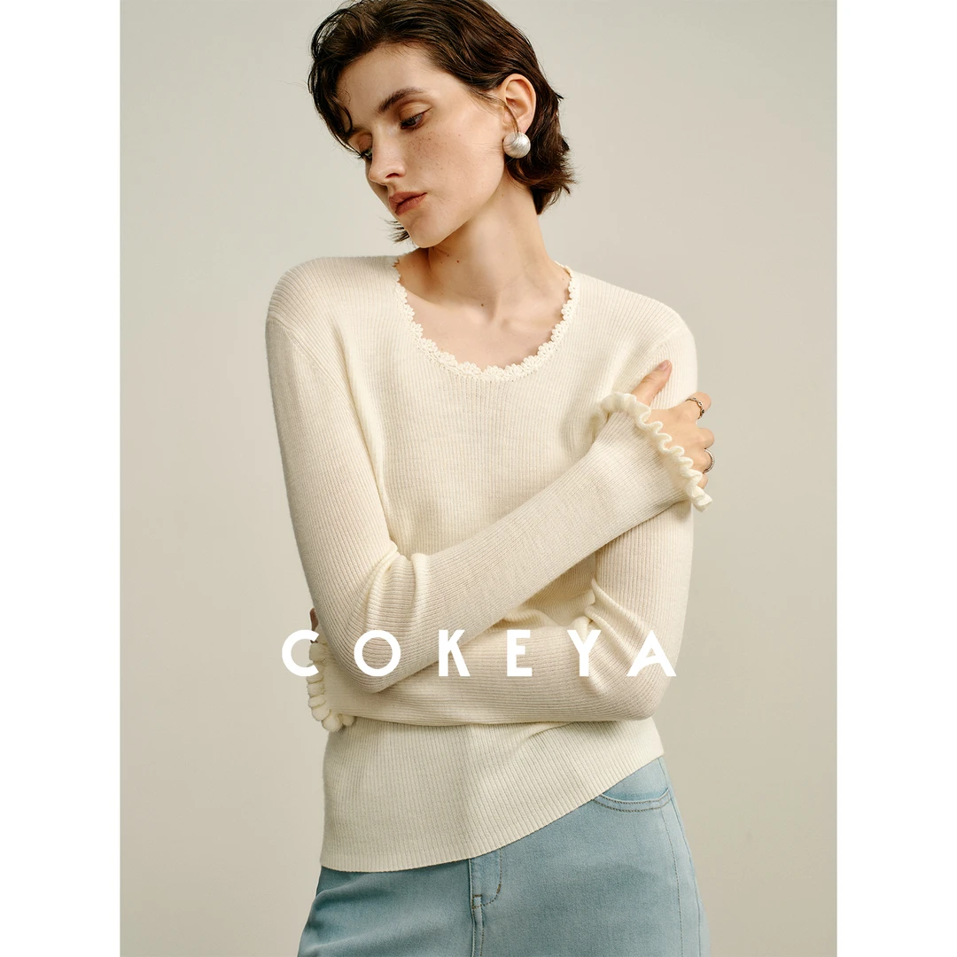 COKEYA/花间谧语~精纺16针美利奴羊毛扬子纱手工钩花打底针织衫女