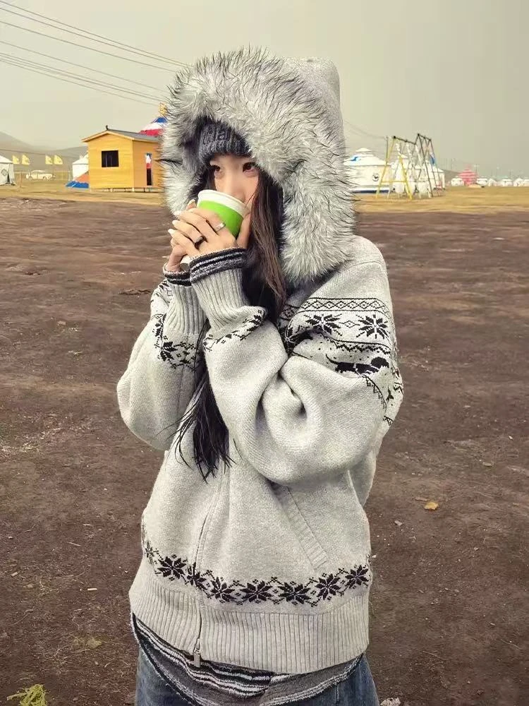 费尔岛提花美式连帽针织开衫女秋冬新款宽松毛衣外套慵懒休闲上衣